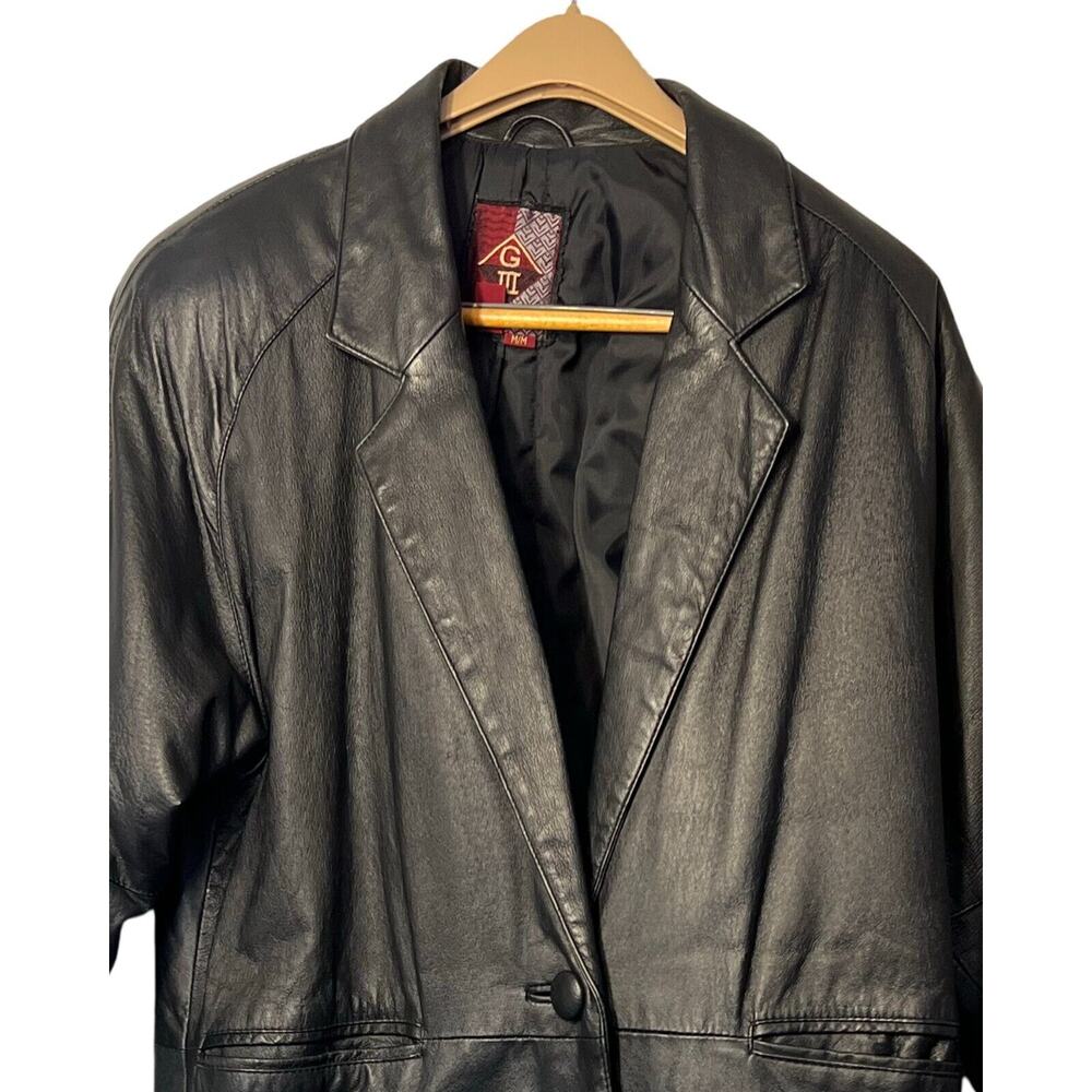G-III Black Leather Trench Coat Womens Size M Long Maxi Jacket Button Front Vntg - Picture 5 of 14